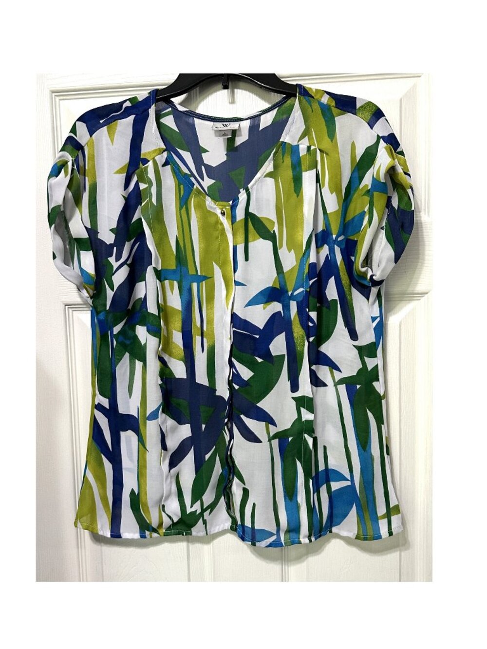 Worthington Tropical Print Blouse Hidden Button Front Cap Sleeves Women's Top S